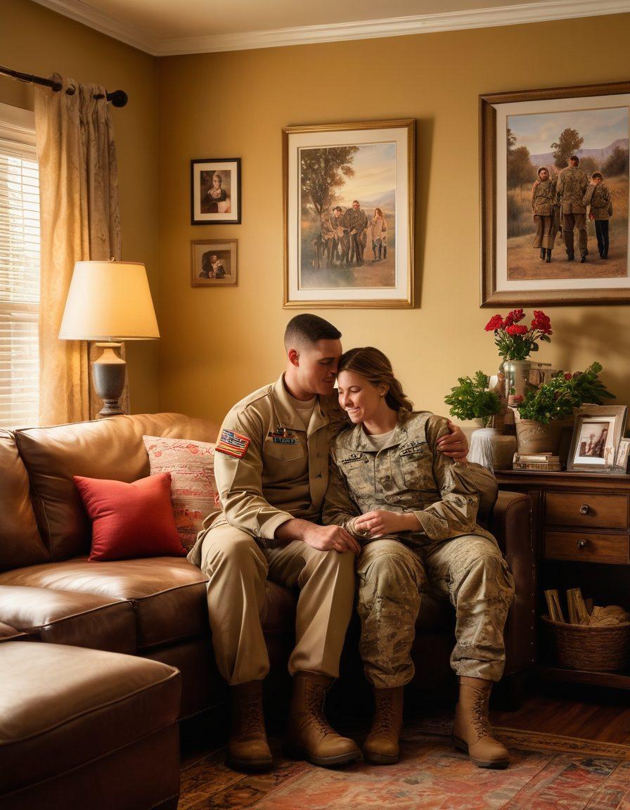 A heartwarming scene of a military family in a cozy living room, with a soldier in uniform hugging their spouse and children, surrounded by symbols of love and support like family photos and letters. The room is filled with a warm, golden light symbolizing happiness and unity. Realistic details with vibrant colors to convey emotion. super-realistic. vibrant colors.