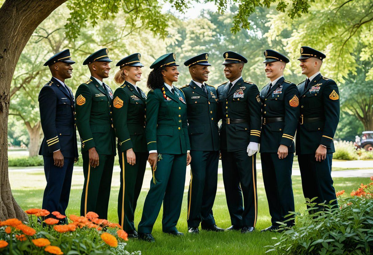 A group of diverse military personnel in uniform, smiling and sharing a joyful moment together in a serene setting, like a sunny park or a cozy community center. Include elements such as trees, flowers, and a soft sunlight to emphasize well-being and camaraderie. Highlight their bonds and positivity through their interactions. super-realistic. vibrant colors. white background.