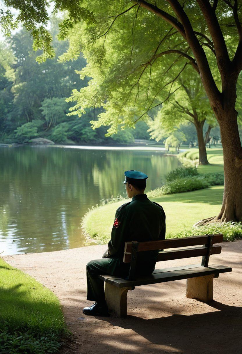 A serene scene of a soldier in uniform, sitting on a bench in a peaceful park, with a soft, comforting light surrounding him. Nearby, a gentle figure representing a therapist or counselor is providing support. Background elements include trees, a walking path, and a softly flowing river, symbolizing tranquility and healing. Super-realistic. Soft, calming colors. Emotionally resonant.